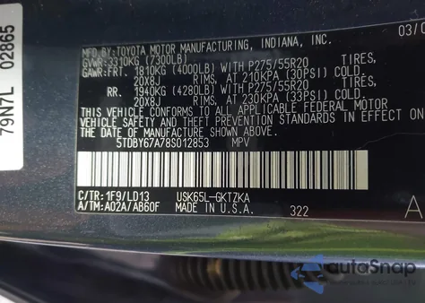 2008 Toyota Sequoia Platinum 5.7L V8 from USA, damaged, VIN 5TDBY67A78S012853